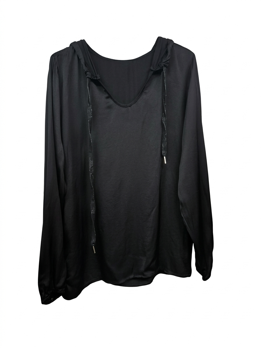 BLUSA DE SEDA Y VISCOSA CON CAPUCHA Y DETALLES DE BRILLOS