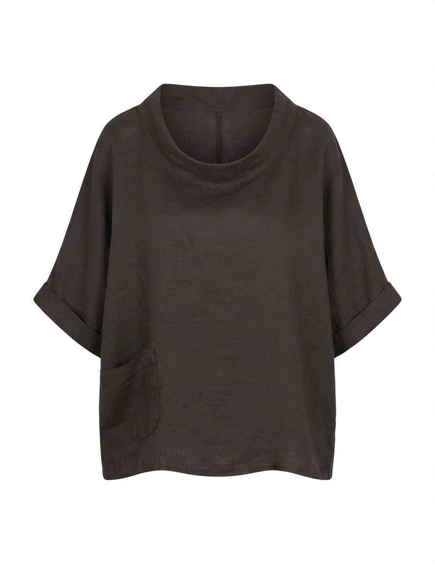 BLUSA CAFE CUELLO REDONDO Y BOLSILLO