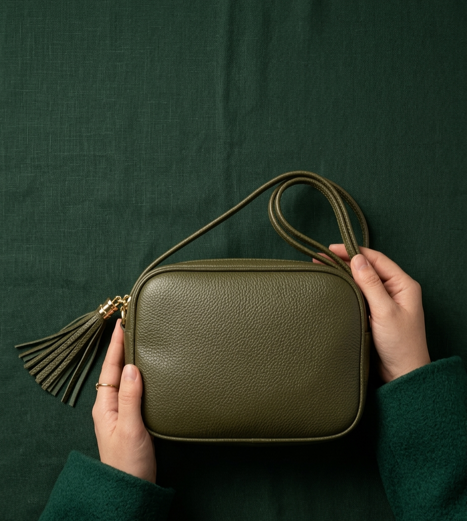 CARTERA BANDOLERA DE CUERO CAFE-VERDE OLIVO